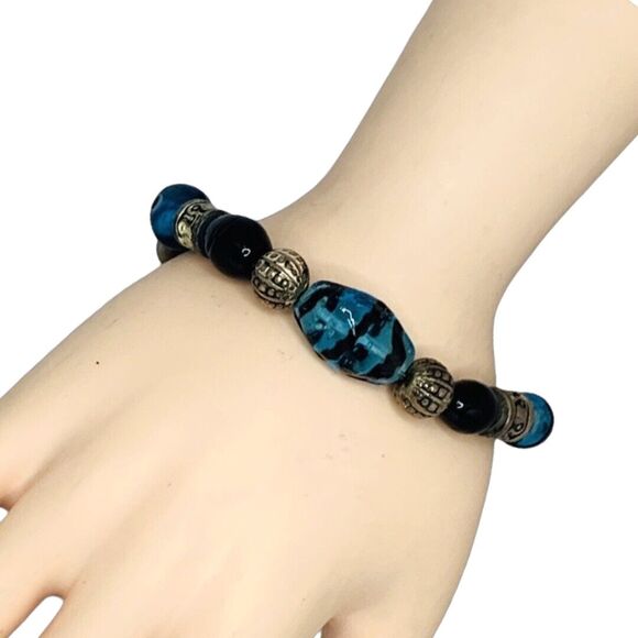 Vintage Blue Glass 925 Sterling Silver Bracelet 8" Toggle Clasp Signed - Picture 7 of 10